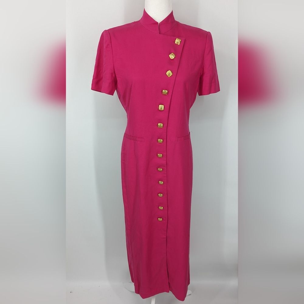 Vintage Cynthia Howie Maggy Boutique Linen Asian Inspired Button Up Pink Dress 4